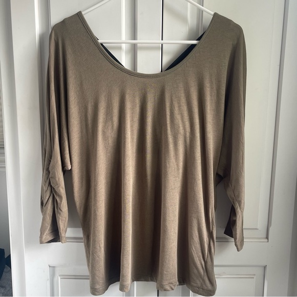 Elizabeth and James Olive/khaki and Black cross back top with ruched sleeves. - Picture 3 of 16